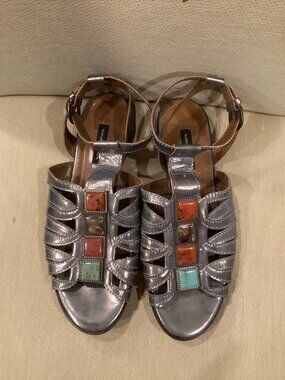 Nanette Lepore Pewter Gemstone Leather Flat Sandals - Size 8 B - Made in Italy